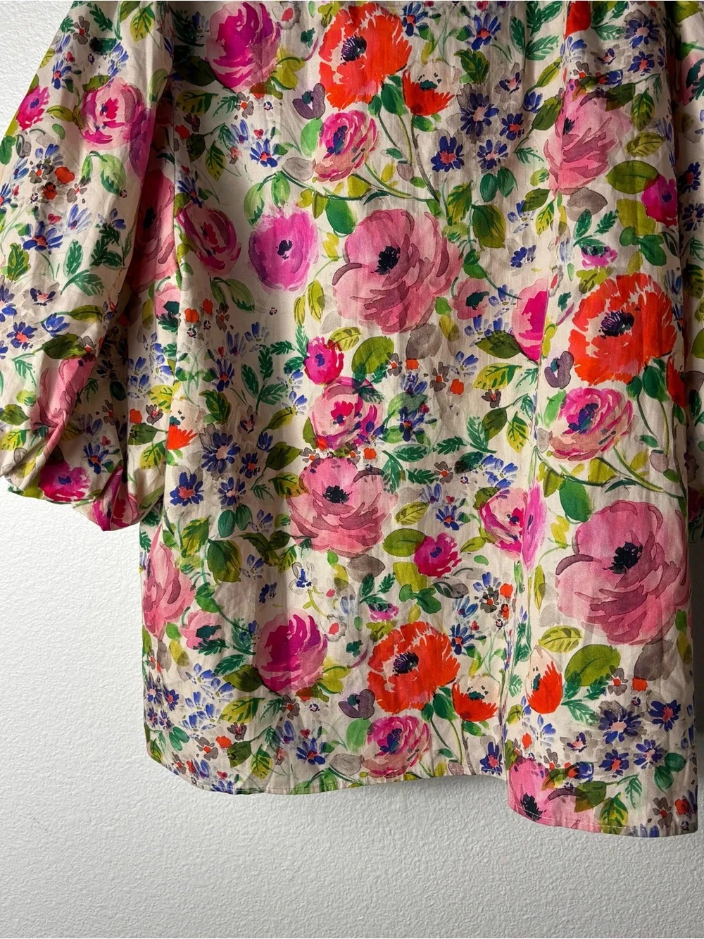 Zara Floral Tie-Neck Puff Sleeve Blouse in Pink, Green, Orange